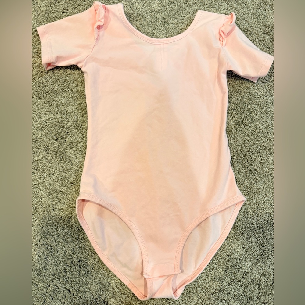 Girls Light Pink Short Sleeve Ballet Leotard with Ruffle Shoulders 160cm